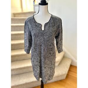 Poetry Black & White Tribal Geometric Print Linen & Cotton Shift Dress